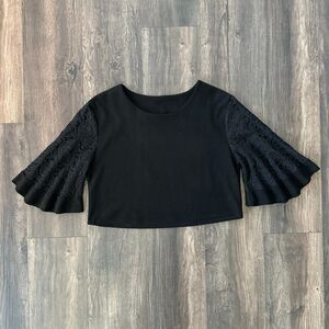 Crop Fit Thick Shirt Black Fleece 3/4 Bell Sleeve Pullover Crewneck Size Medium